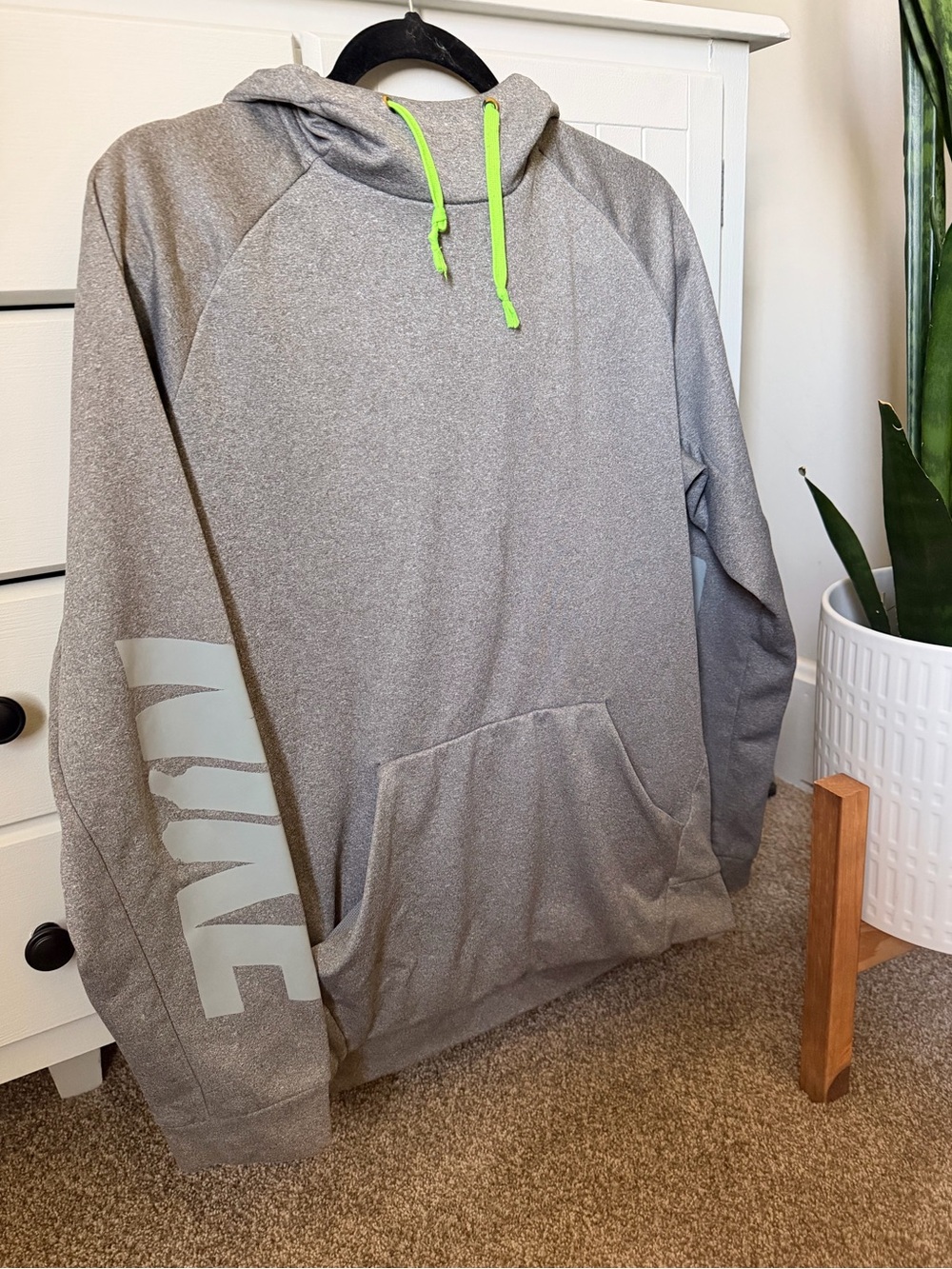 Nike Men's Gray Hoodie with Lime Drawstrings